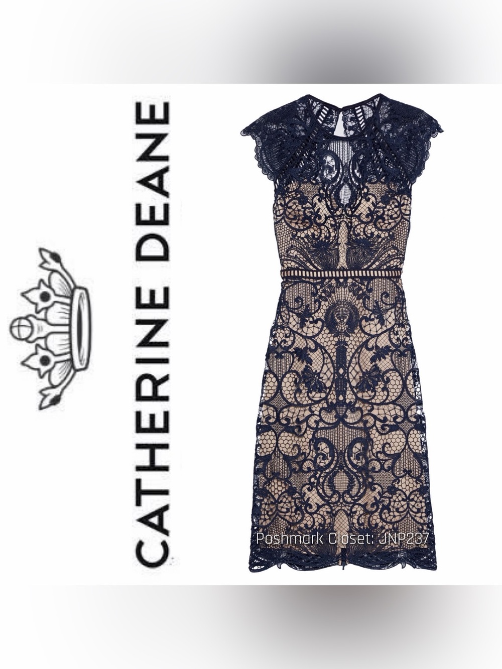 { Catherine Deane } “Melody” Macrame Lace Open Back Midi Sheath Dress in Navy